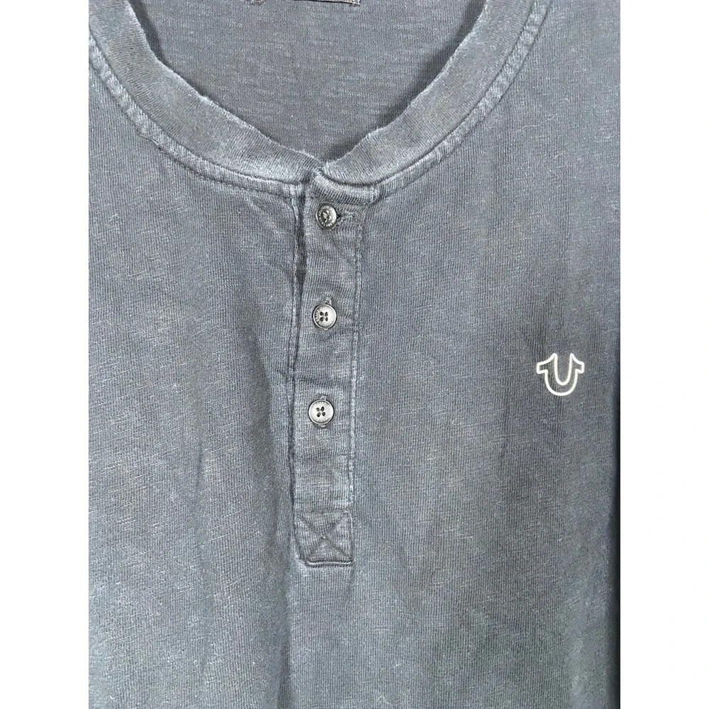 True Religion Men's Short Sleeve Henley Shirt Black Cotton Logo XL